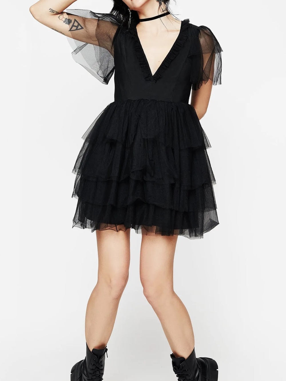 Disturbia Krysta Black Tiered Tulle Mini Dress with V-Neck